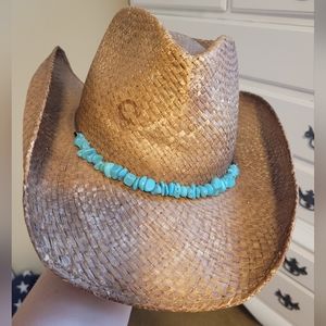 Never Worn Tan Straw Cowboy Hat with Turquoise Strap